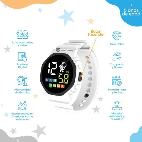 RELOJ PARA NIÑOS IMPERMEABLE DIGITAL COLOR BLANCO